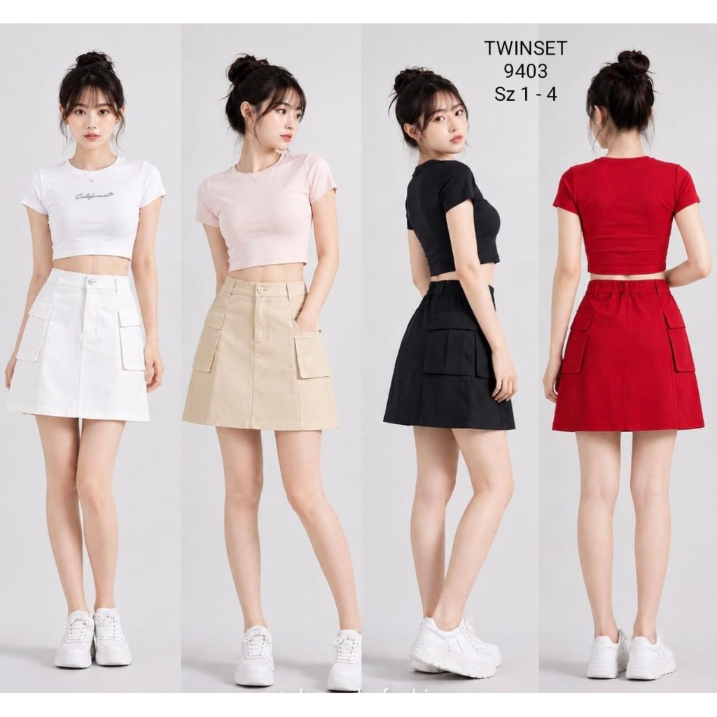 KATUN A-Line Semi Cargo เอวสูงมินิกระโปรงกางเกงกระเป๋าด้านหน้ายืดกระโปรงผ้าฝ้าย - TWINSET 9403