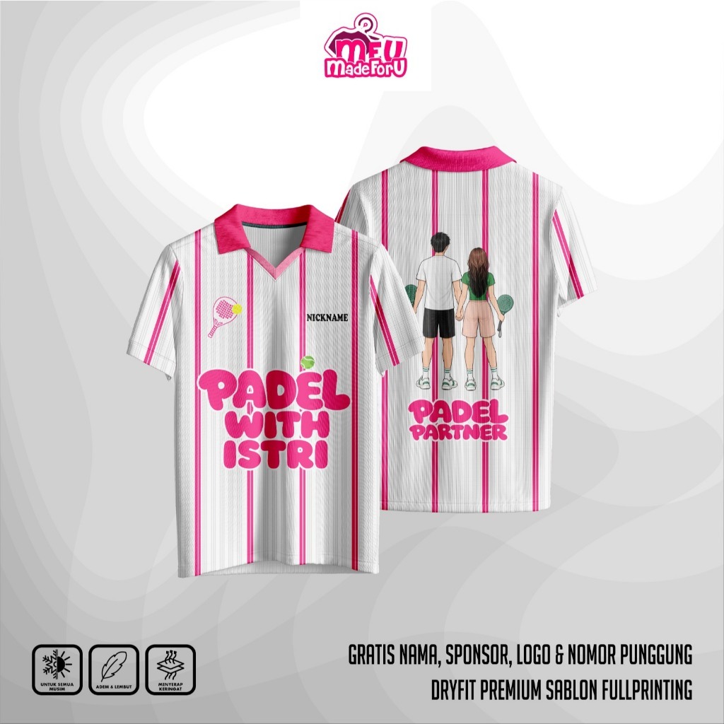 เสื้อ Padel Padel พร้อมคอปกโปโลภรรยาสีชมพู | ฟรีโลโก้ชื่อที่กําหนดเองหมายเลข สปอนเซอร์ | Dryfit Prem