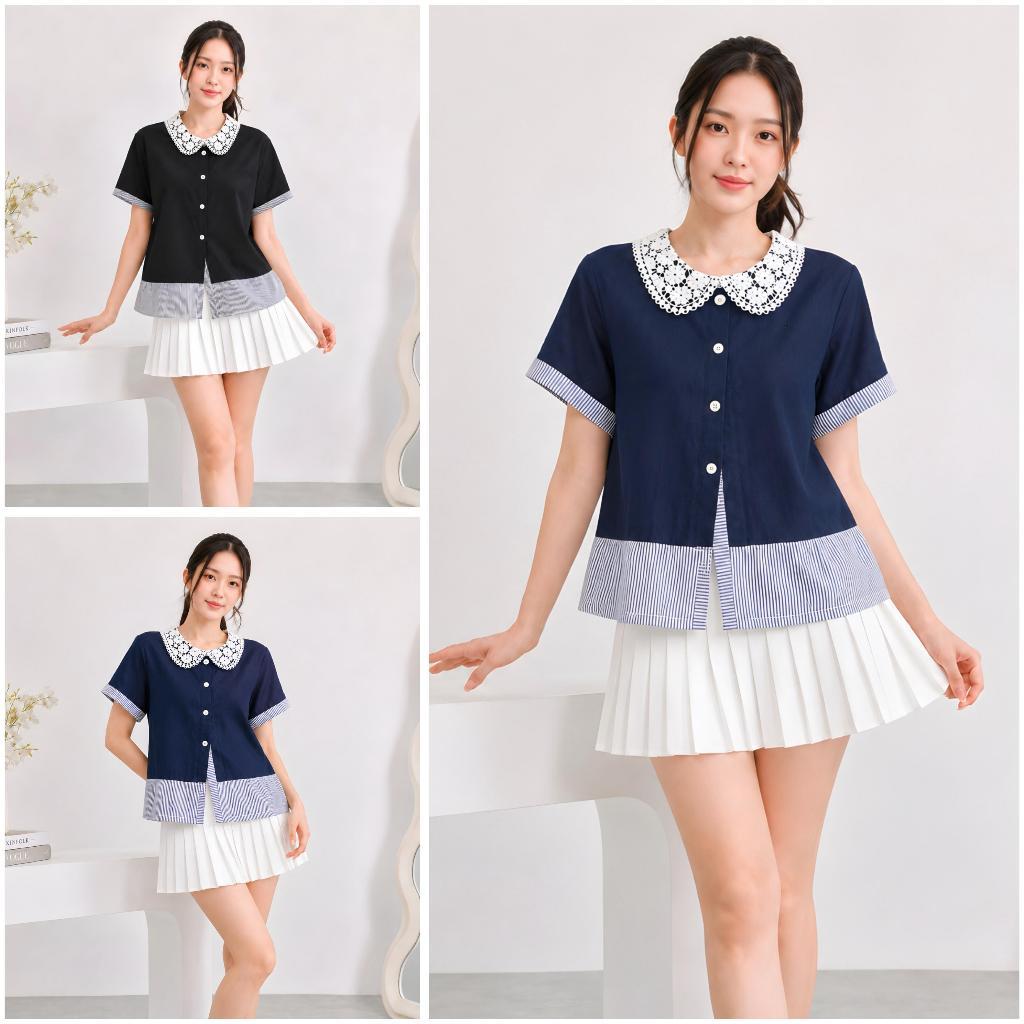 ( BTL ) เสื้อท็อปสตรียืดคอปกลูกไม้ / เสื้อลําลองอินเทรนด์