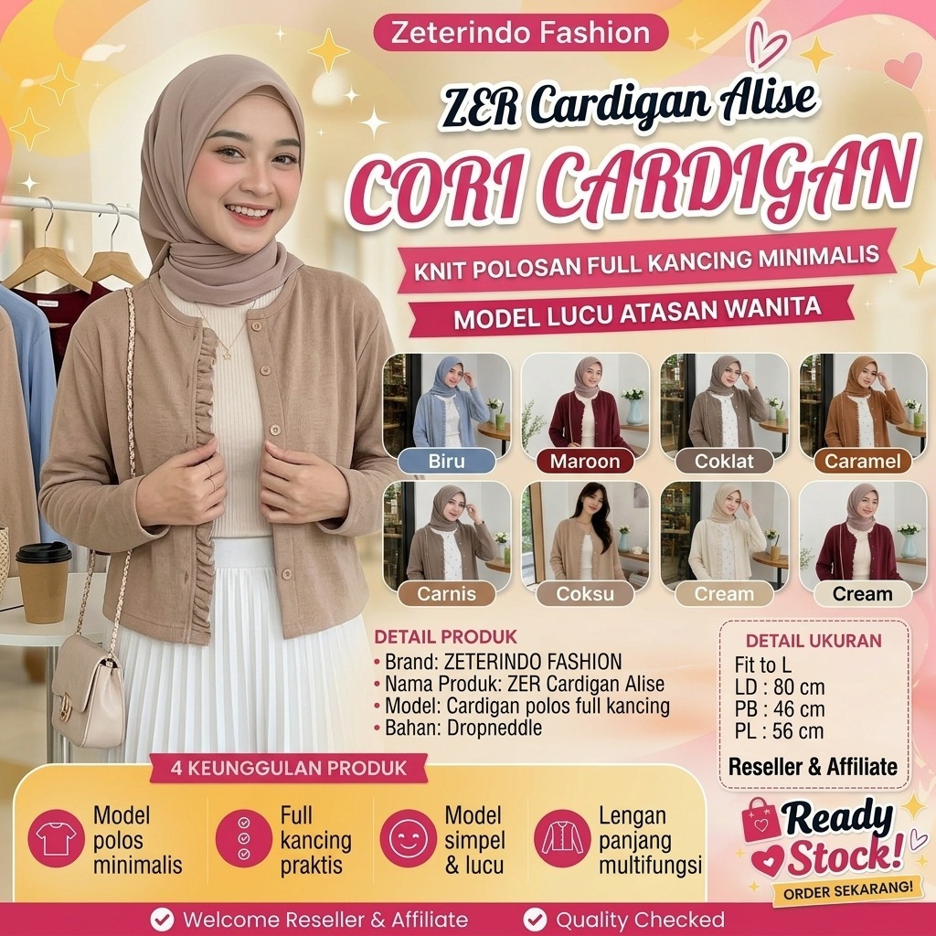 ZETERINDO FASHION Zer คาร์ดิแกน Alisa ผู้หญิงแขนยาวธรรมดาสไตล์เรียบง่าย / CORI CARDIGAN