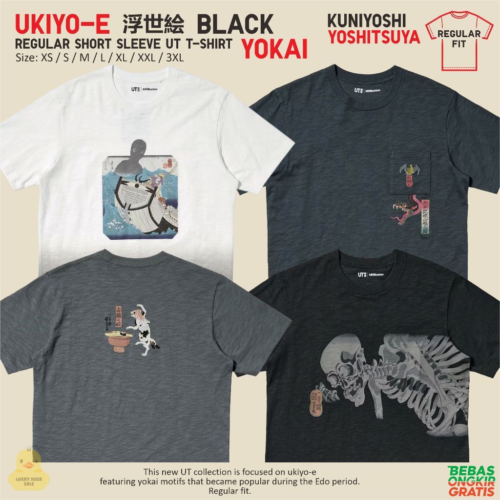 UNIQLO Ukiyo-e Black Yokai UT เสื้อ Unisex Kaos Ukiyo Art Edo ญี่ปุ่น Kuniyoshi Yoshitsuya ปกติ