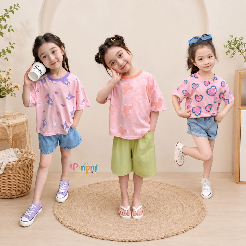 Pinpin Kids - เสื้อยืดลายแขนสั้นหลวมสําหรับเด็กผู้หญิง