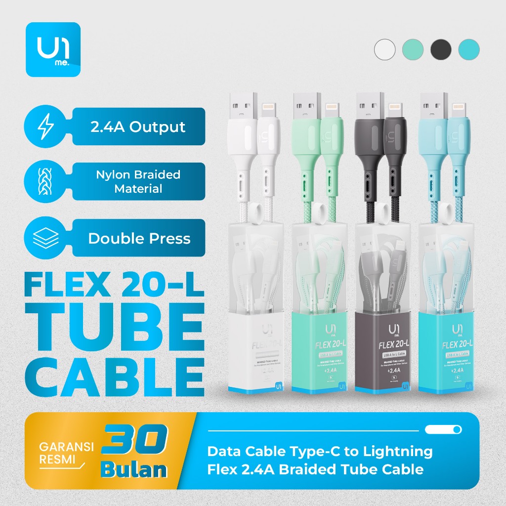 ยู1ฉัน. Flex USB Data Cable A to Lightening Fast Charging 2.4A 12W Braided 100cm