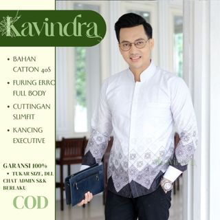 Kemeja Batik Premium Lengan Panjang Dengan Motif Elegan, Berbahan Katun Halus 40S Dan Dilengkapi Furing Erro Full Body Batik Warna Putih Dan Hitam  - Batik Kavindra Series