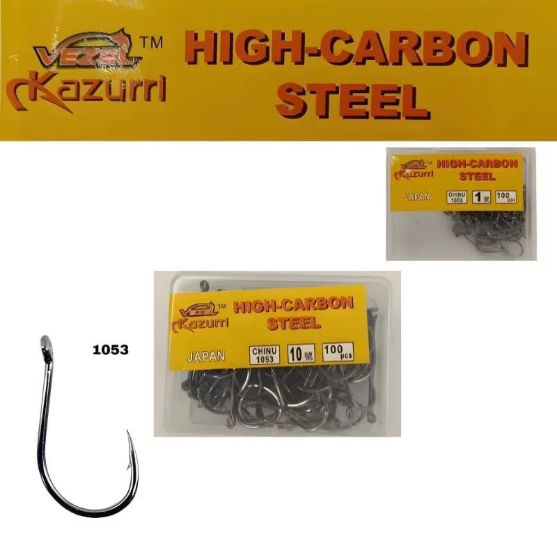 กล่อง Kazurri vezel Japan High Carbon Steel Chinu 1053 ตะขอตกปลา ขนาด 1-12 ปริมาณ 100 ชิ้น