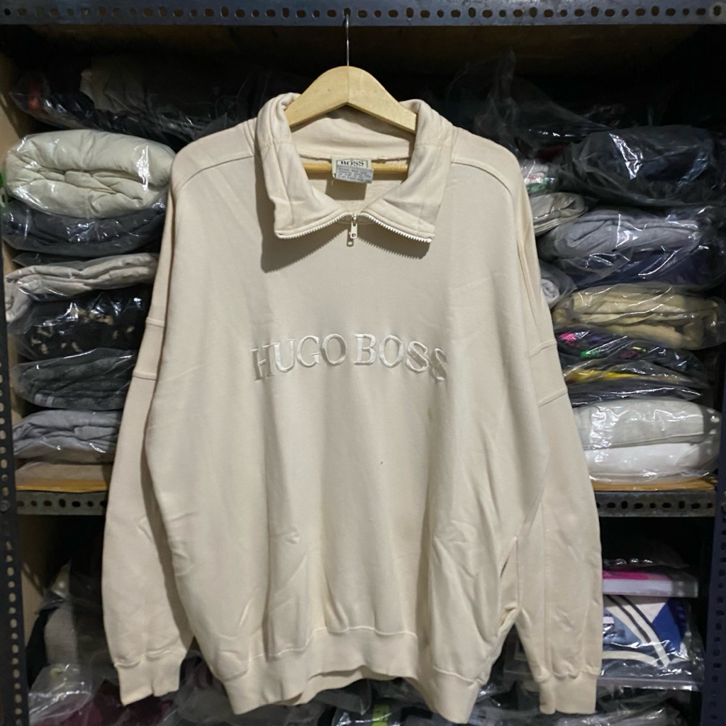 Vintage Huge Boss Half Zip Cream Size M 73x67 Minor Stain