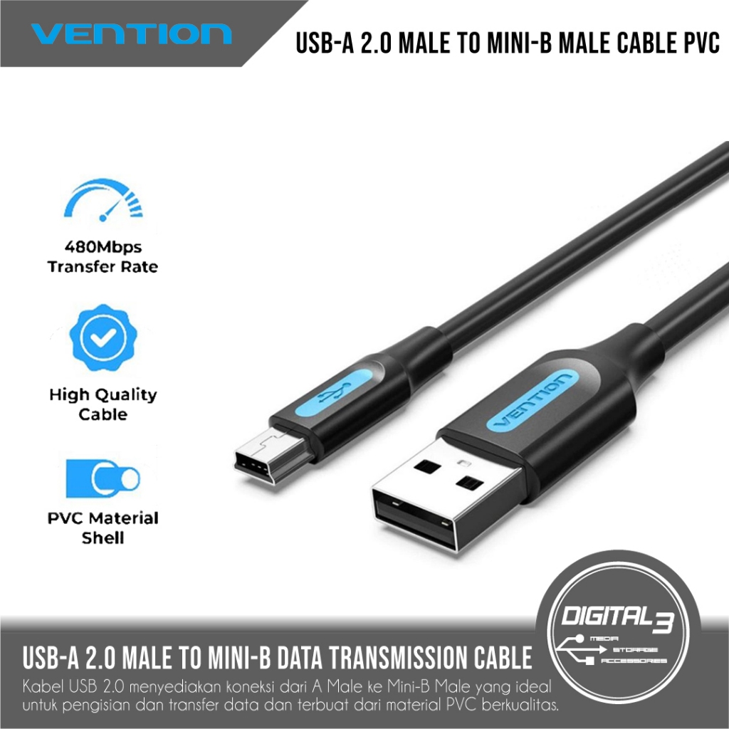 VENTION USB-A 2.0 ถึง Mini-B ตัวแปลงสายเคเบิลชาย PVC Fast Transmission Universal Data Charger Cable 