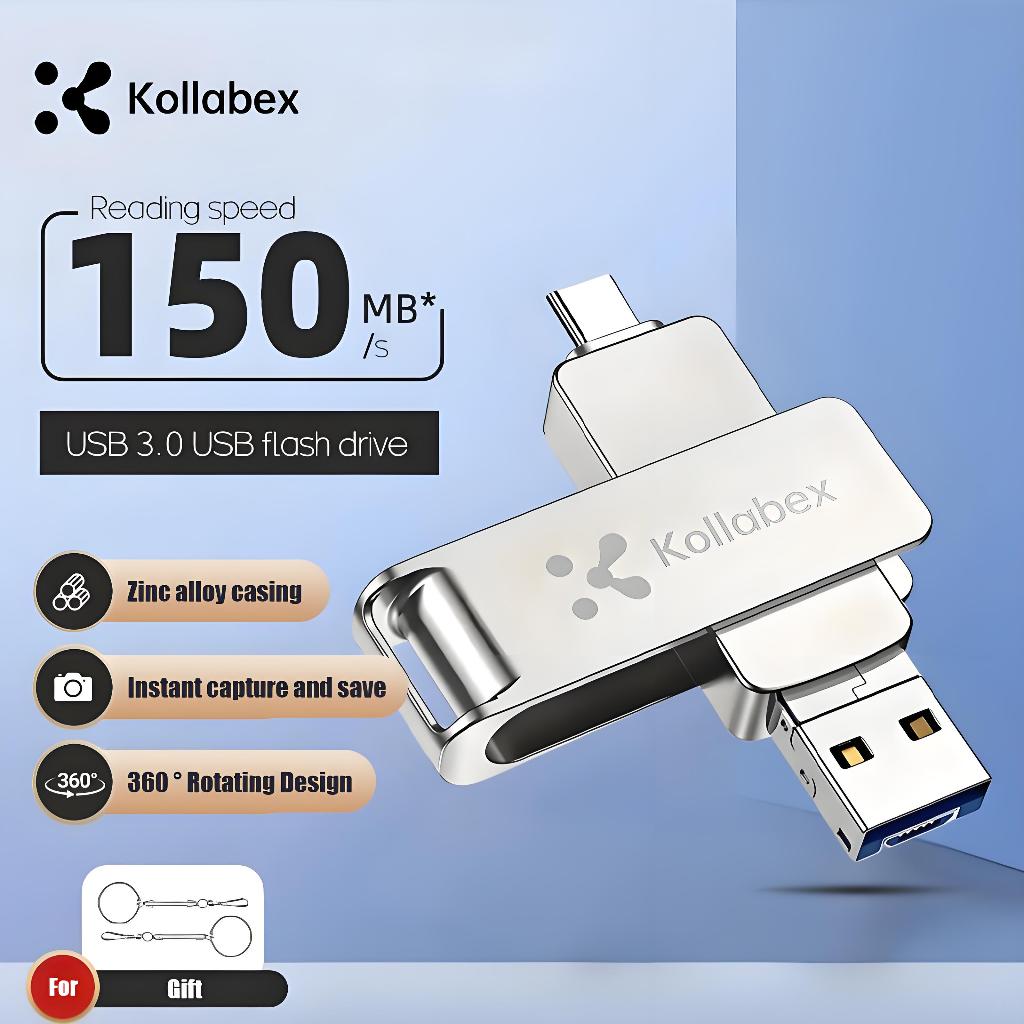 KOLLABEX 2 IN 1 OTG Flashdrive 512GB 1TB 2TB 150mb/s สําหรับ Android iPhone ไดรฟ์ปากกาหมุนความเร็วสู