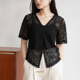 PIAMOUR | LESTARI TOP Kebaya Modern Outer Lace Blouse Brukat Shirt Mix Renda Atasan Wanita Kekinian Elegan Wisuda Formal