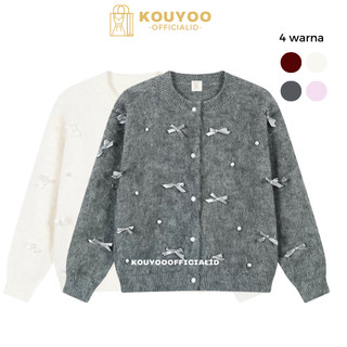 KOUYOO Coquette Cute Santai Wol Knit Rajut Cardigan Pita Pink Merah Abu Hitam Putih