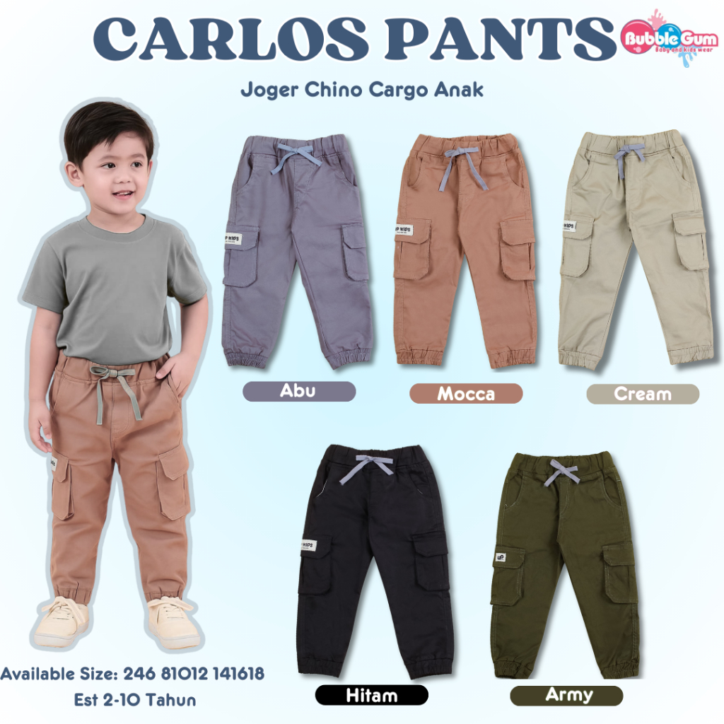 CARLOS PANTS Joger Cargo Kids 1-8 Years Boys Long PANTS Joger Chino Cargo Kids