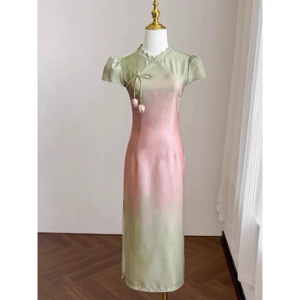 Q81 ใหม่สไตล์จีนปรับปรุง Cheongsam หัวเข็มขัดผู้หญิง Orengreen Elegant Slim Fit