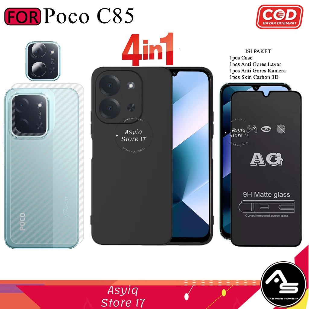 แพ็คเกจเคสกระจกนิรภัย 4-in-1 AG Matte Poco C85 Softcase Slim Black Protect