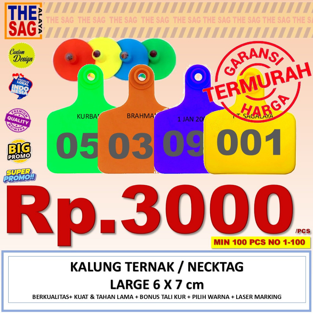 MINIMAL EARTAG L 6X7ซม. NO. 1-100 + INITIALS (PRICE PER PCS MINIMUM PURCHASE 100 PCS) ต่างหูแท็กหูแพ