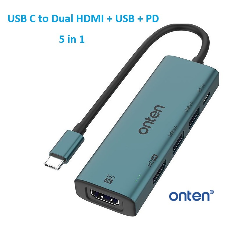 USB C to Dual HDMI USB PD 5 in 1 Docking Station ONTEN