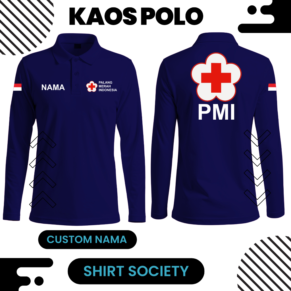 MERAH เสื้อยืดคอปก Red Cross PMI ของอินโดนีเซีย / เสื้อโปโล Red Cross แขนยาว