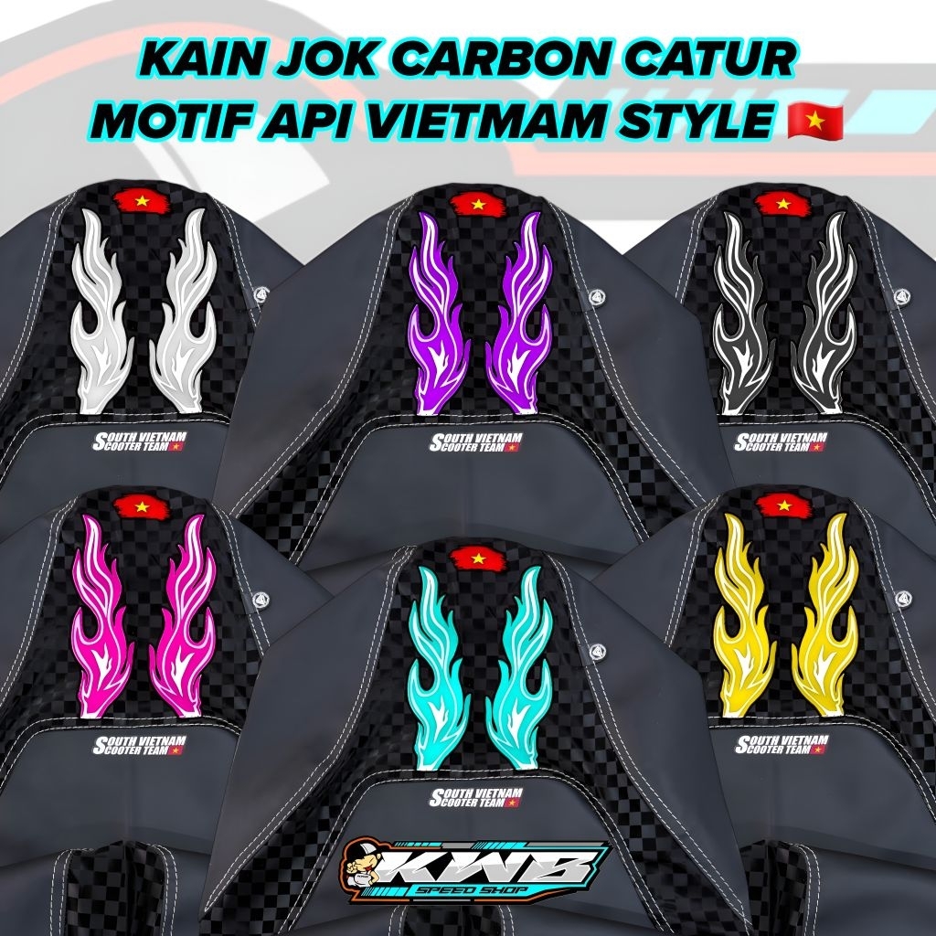 ผ้าคลุมเบาะมอเตอร์ไซค์ Black Mix Carbon Chess Fire Motif V1 Dragon Skin Vietnam Logo Style Universal