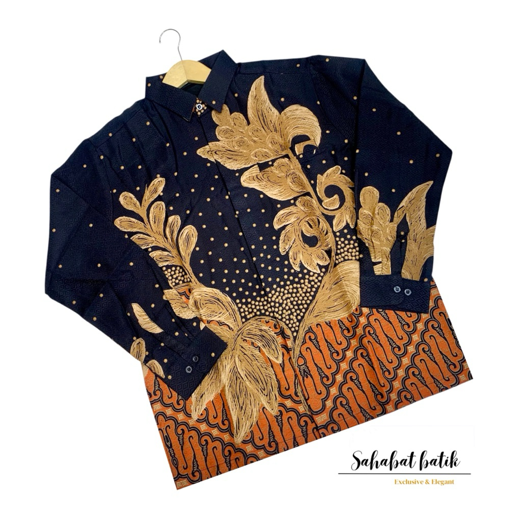 KEMEJA เสื้อเชิ้ตผ้าบาติก dobi พรีเมี่ยมแขนยาวและโมติฟกล้วยไม้สีทอง