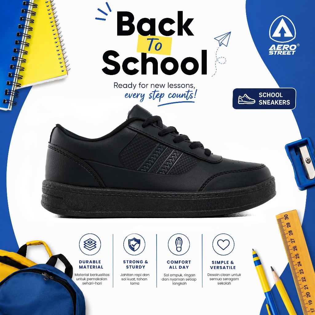 Aerostreet 31-36 Airstrike All Black - รองเท้าผ้าใบนักเรียนลําลอง