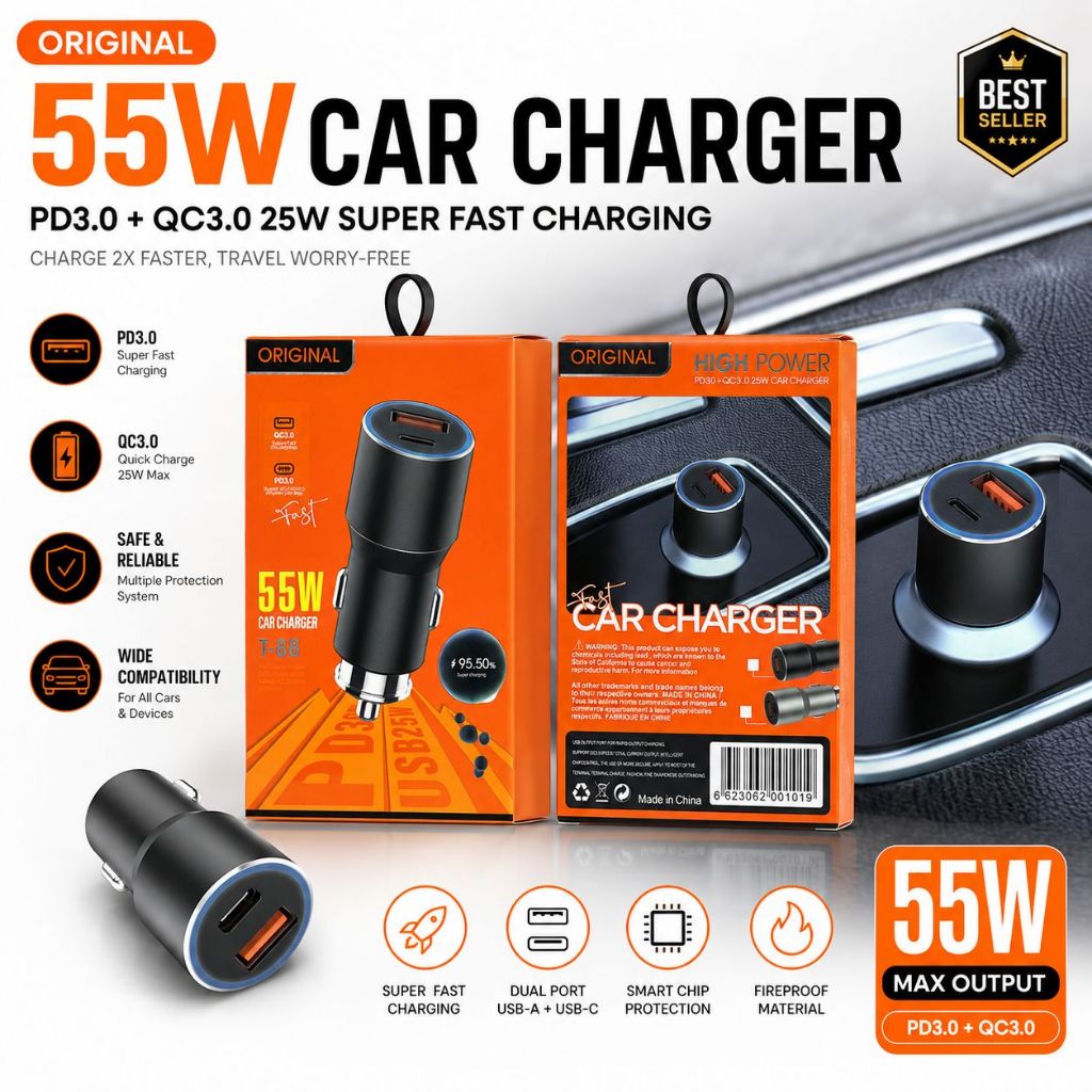 [TR-608] T-88 Saver Car Charger 55W PD3.0 + QC3.0 Fast Charging USB-A & USB-C