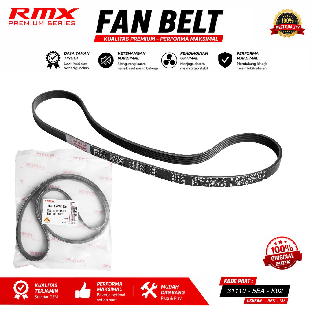RMX เข็มขัดพัดลมระดับพรีเมียมสําหรับ Honda Brv DG1 Mobilio 31110-5EA-K02 5PK 1138