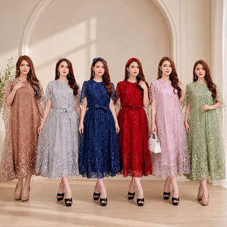 (ada RealPict) Long Dress Nagita Brukat Tille Bordir + Mutiara Gliter LongDress Batwing Brokat Premi