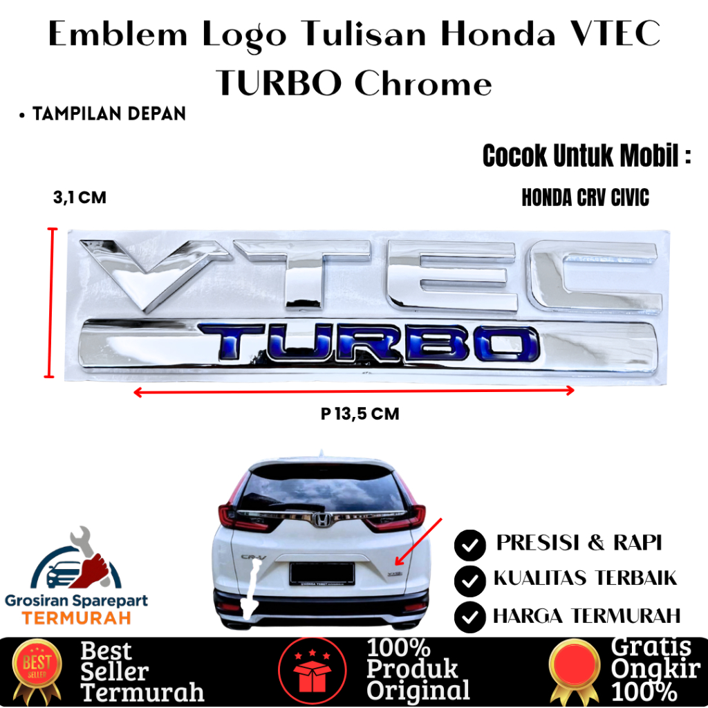 สัญลักษณ์โลโก้ Honda VTEC TURBO Chrome
