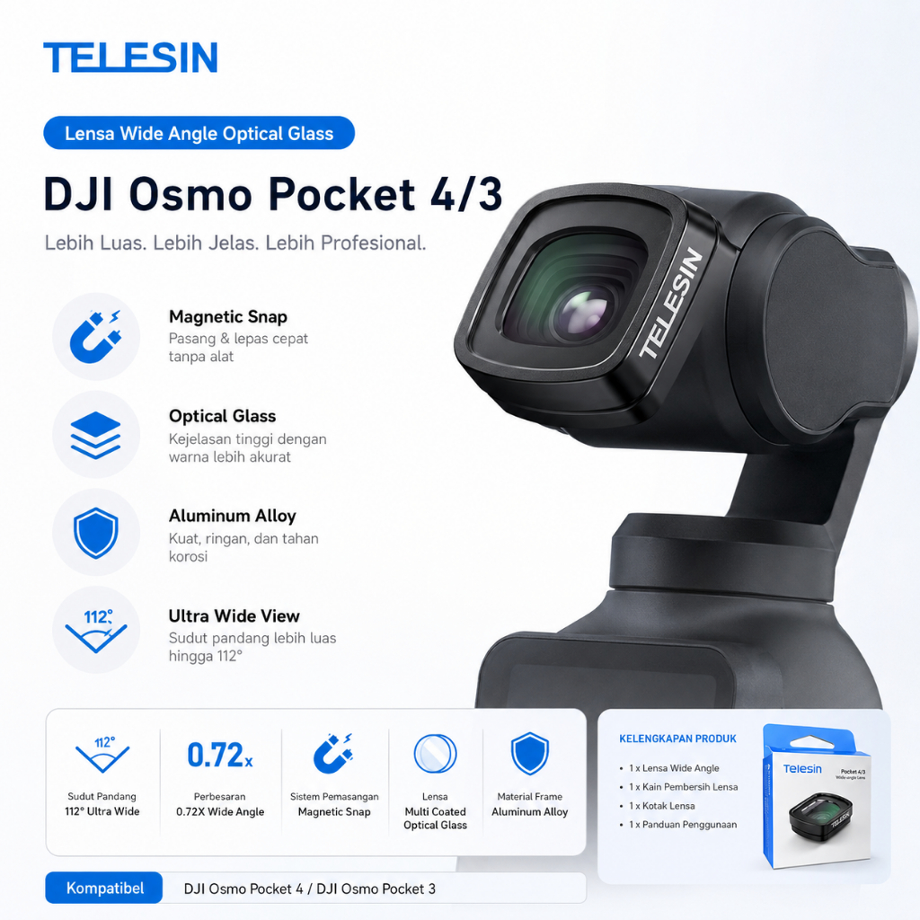 TELESIN เลนส์มุมกว้าง DJI Osmo Pocket 4 Pocket 3 อุปกรณ์เสริมกล้อง เลนส์เพิ่มเติม Filter Magnetic Sn