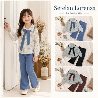Setelan baju anak perempuan Lorenza motif pita celana cutbray usia 2-10 tahun