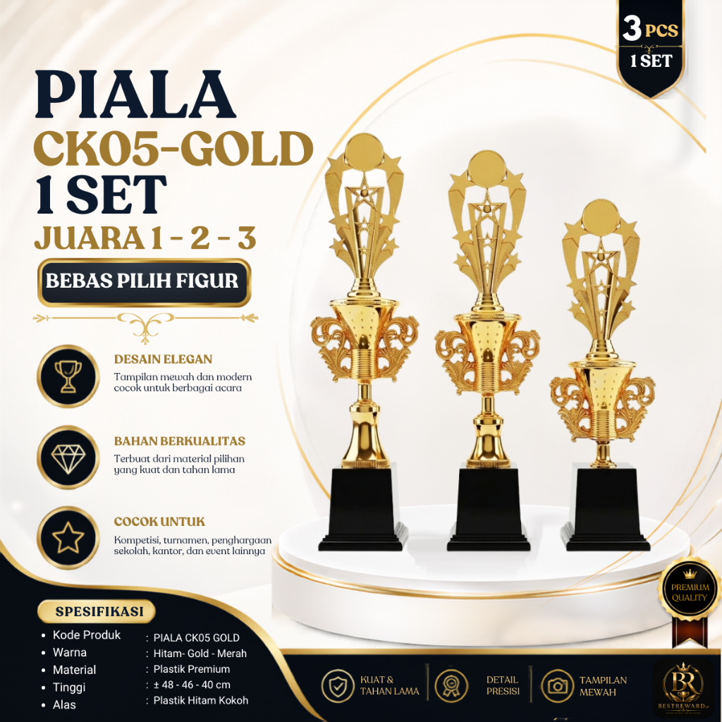 ถ้วยรางวัล 1 ชุด 3 ชิ้น รุ่น CK05 GOLD 1st-2nd-3rd Place - Elegant Luxury GOLD Trophy Exclusive Comp