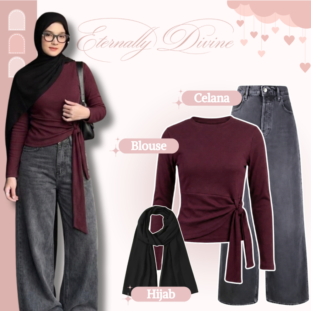3 In 1 ชุดสตรีชุด ll Alea เสื้อกางเกงยีนส์ Hijab Pashmina ll Casual Chic ชุด - SN191N