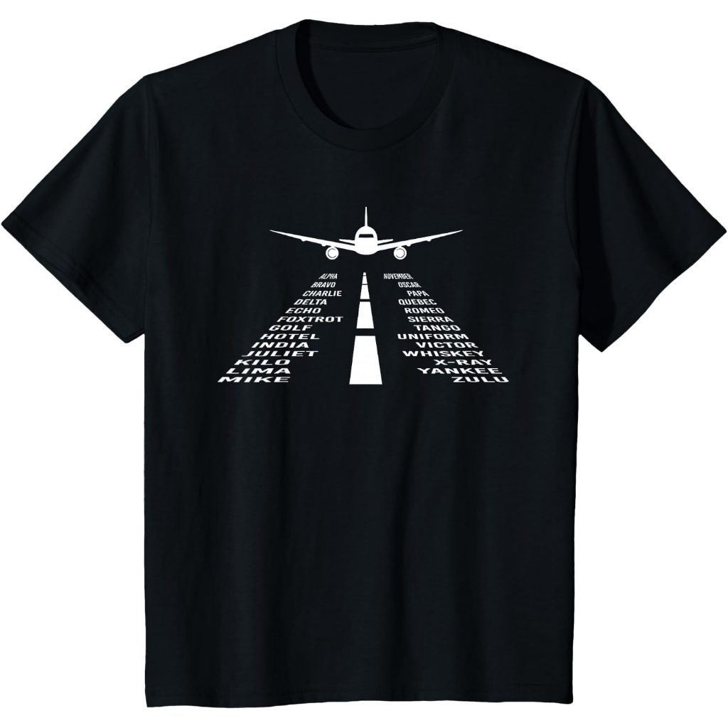 Pilot Flight Airplane Shirts 360 Phonetic Alphabet T-Shirt - Unisex Adult, Black, Short Sleeve, Smal