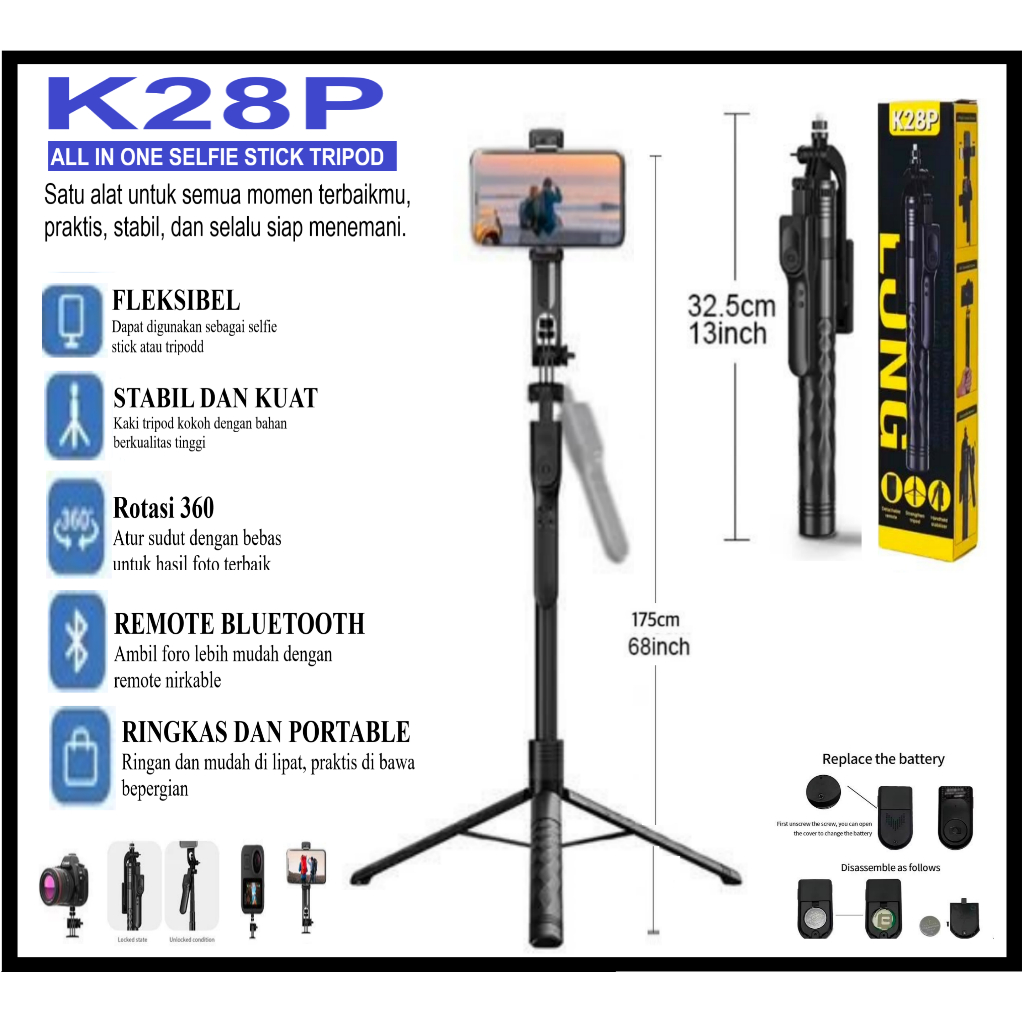 ขาตั้งกล้อง HP K28P 1.75 เมตร All in One Tongsis Selfie Stick Bluetooth 360 Portbale