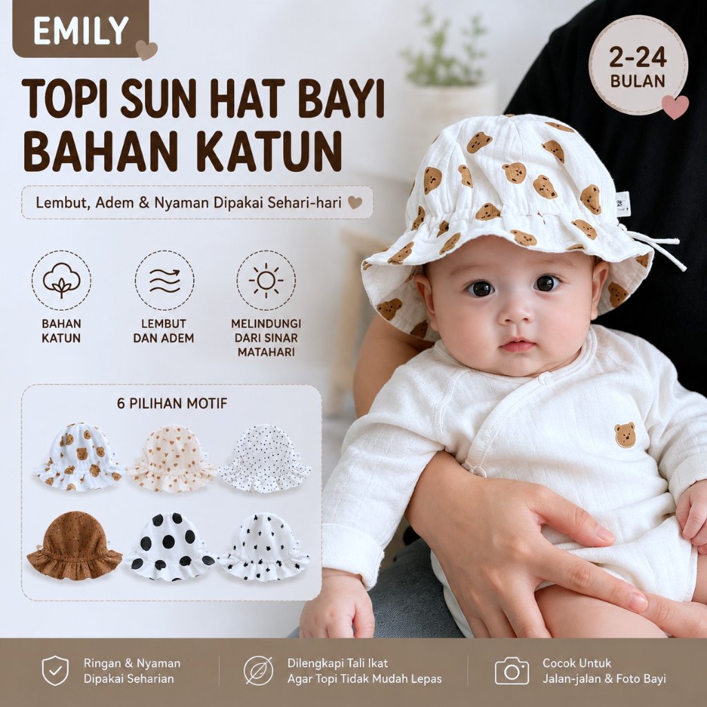 MATAHARI KATUN EMILY Baby Sun Hat Cotton 2-24 Month Cute Motif Baby Bucket Hat with Sun Protection S