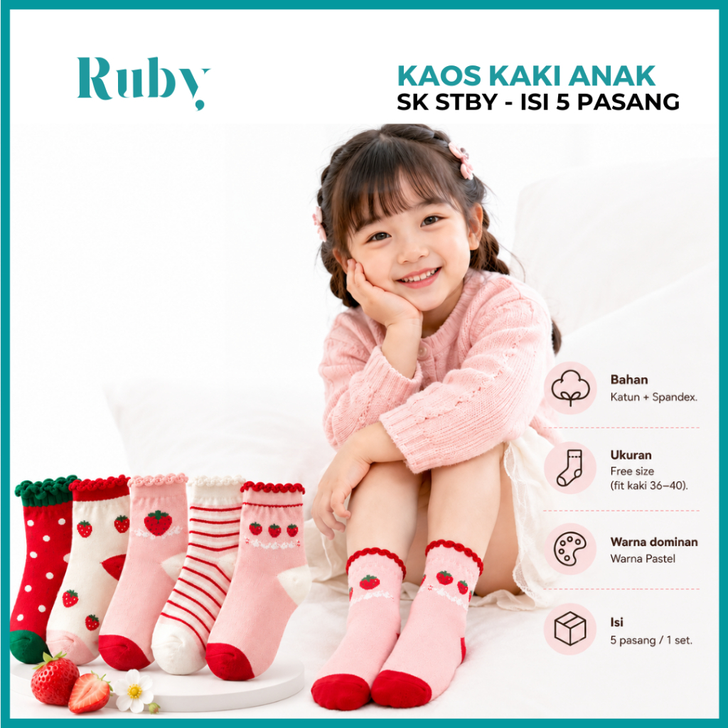 KATUN SK STBY ถุงเท้าเด็ก 5 คู่ สตรอเบอร์รี่พาสเทล คอตตอนสแปนเด็กซ์