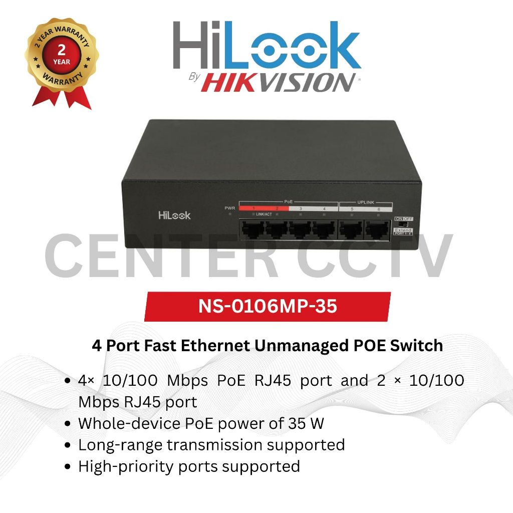 NS-0106MP-35 HILOOK 4+2 Port PoE Switch Hub Unmanaged IP Cam Long Range โดย Hikvision