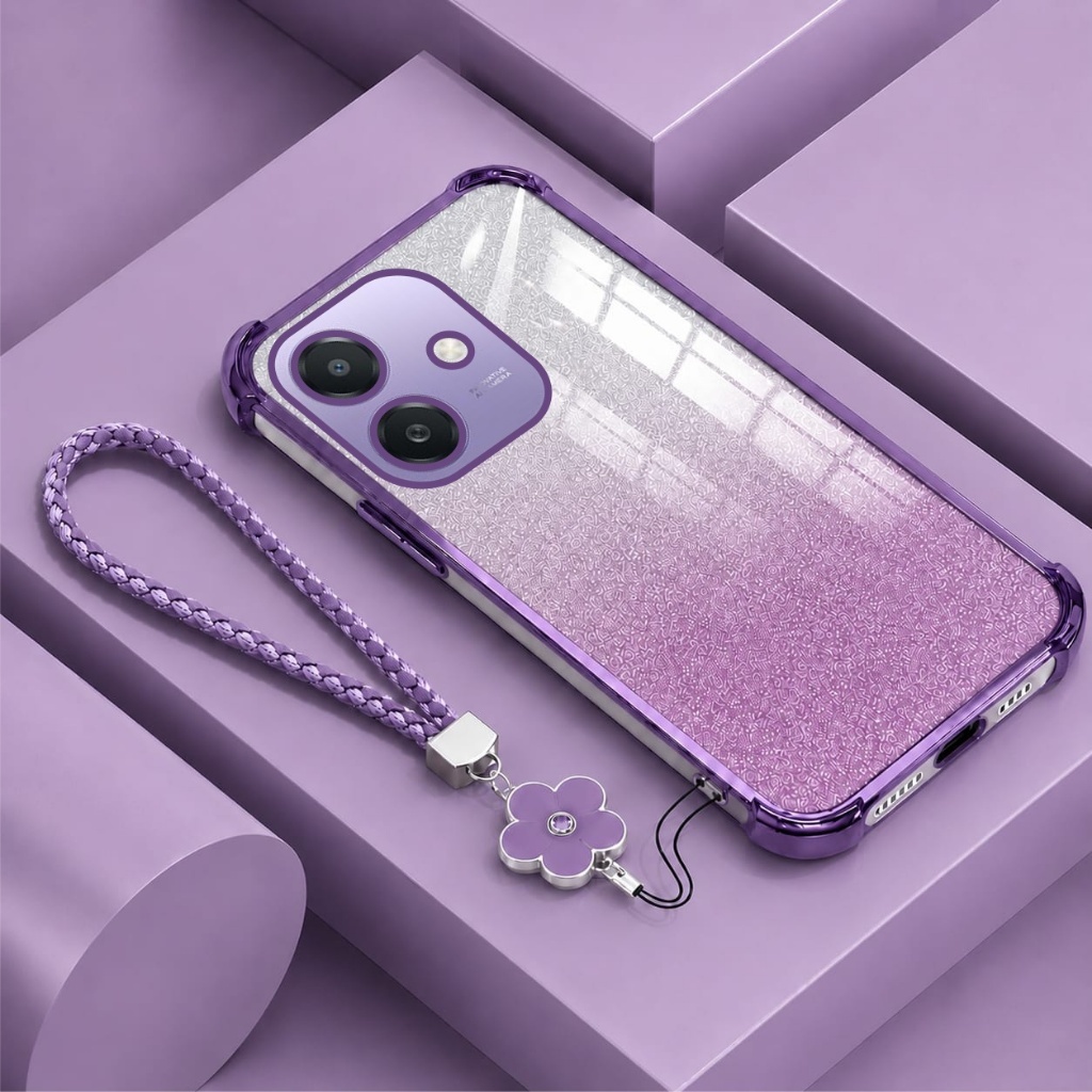 OPPO A3x / A3 / A5i Gradient Glitter Premium Anti-Crack Case ฟรีสายคล้องดอกไม้