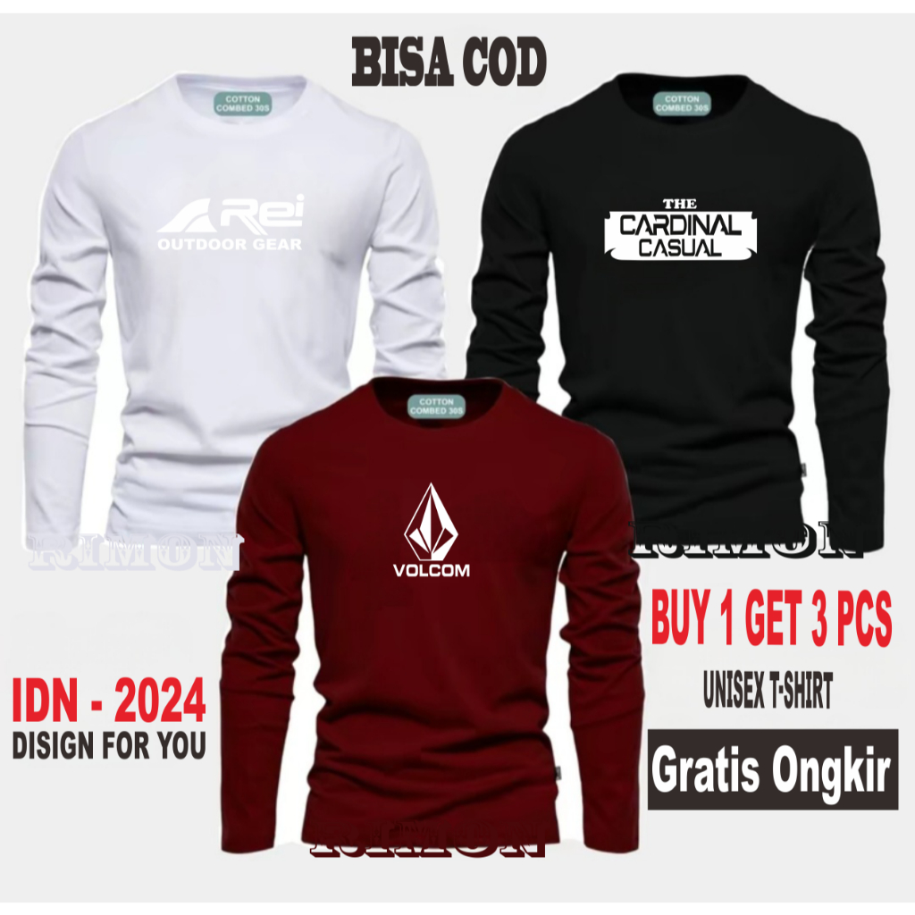 ซื้อ 1 แถม 3 ชิ้น เสื้อยืดแขนยาวพรีเมี่ยม Distro พร้อมโลโก้ Volkom Rei The Card Casual PJ พิมพ์เสื้อ