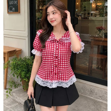 MOLLY TOP Womens Top Check -01 Molly Top Checked Motif เสื้อผ้าสไตล์เกาหลีน่ารัก