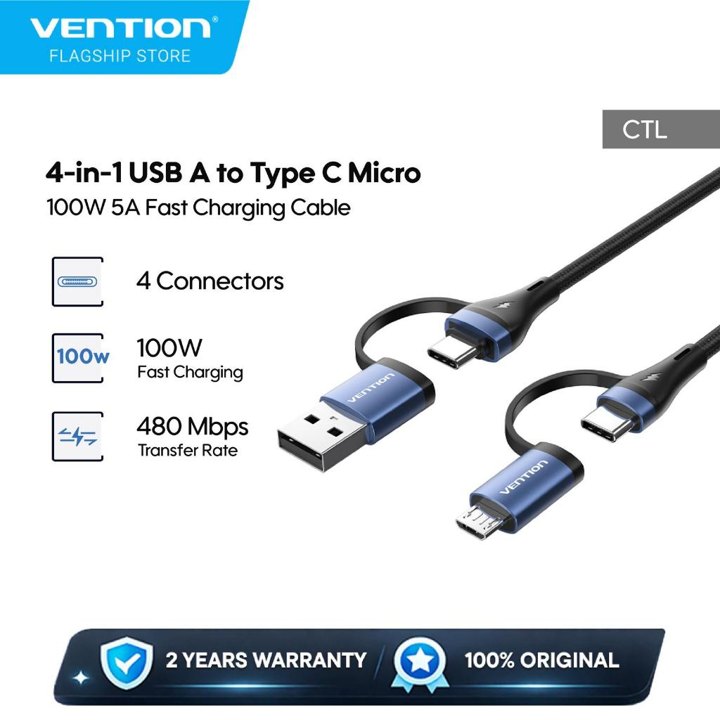 VENTION CABLE DATA 4 IN 1 USB A / TYPE C ถึง TYPE C / MICRO USB SUPER FAST CHARGING 5A สีฟ้า 1M VT-C