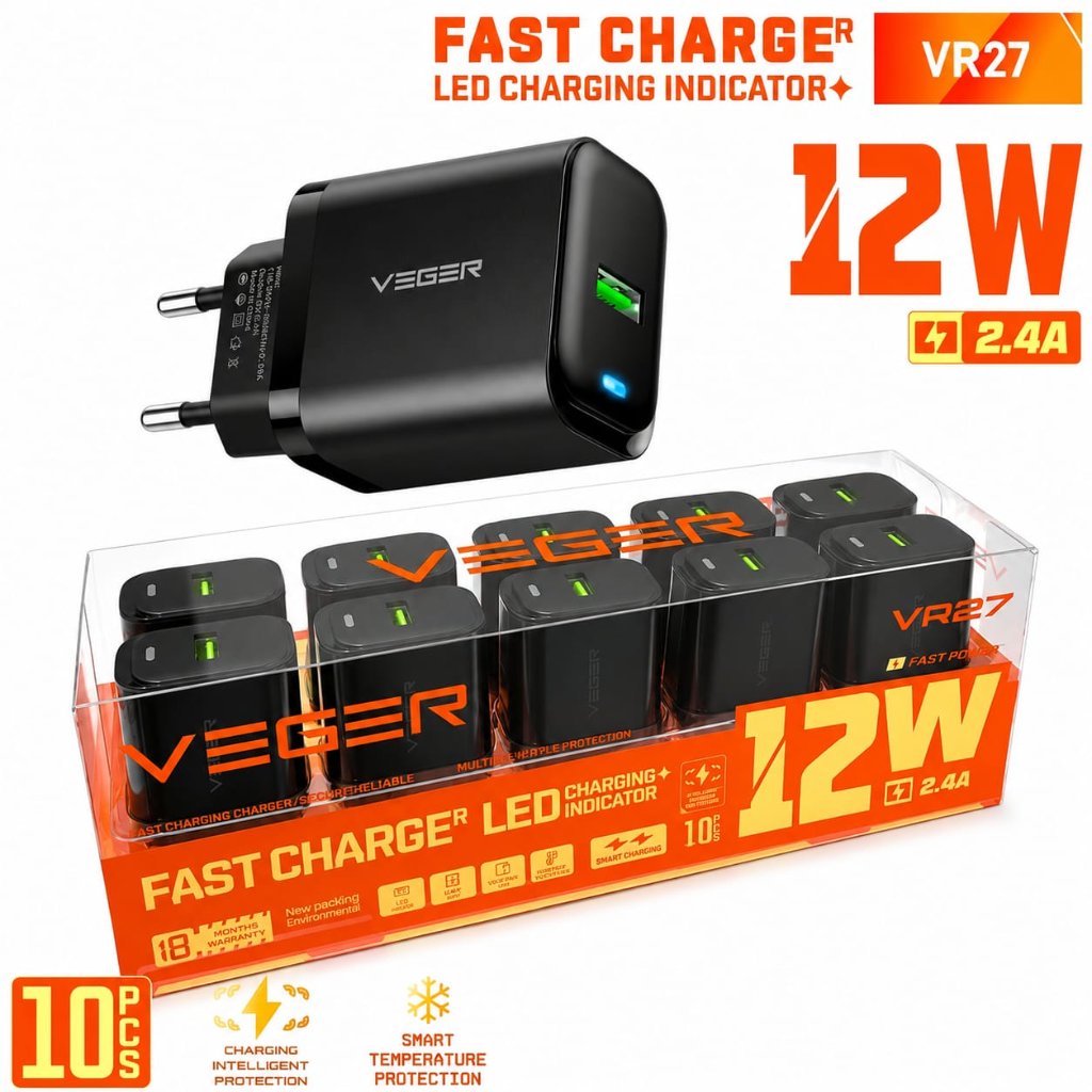 VEGER VR27 12W 2.4A / VEGER VR27 ชาร์จเร็ว 12Watt 2.4A การรับประกันอย่างเป็นทางการดั้งเดิม