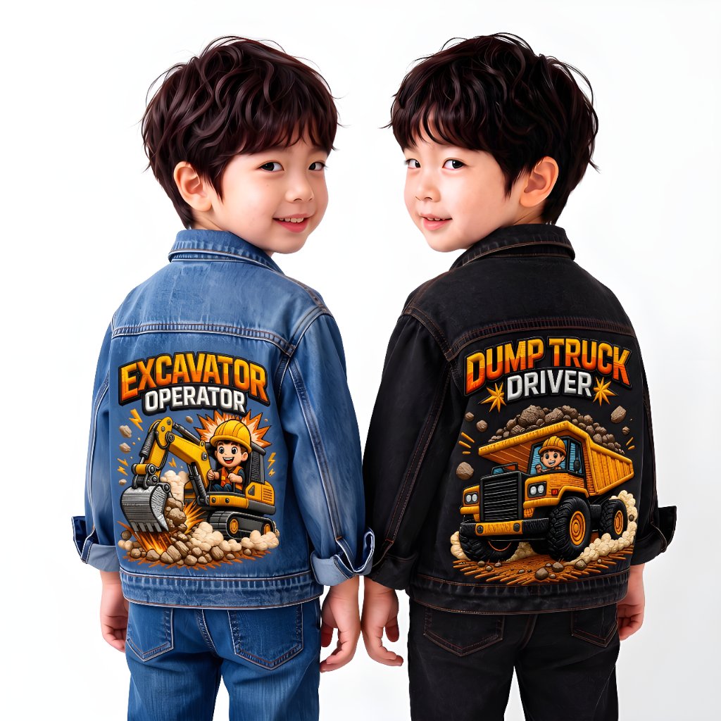 ใหม่ EXCAVATOR JEANS JACKET สําหรับ BOYS AGED 1-7 YEARS SNOW BLUE และ SNOW BLACK