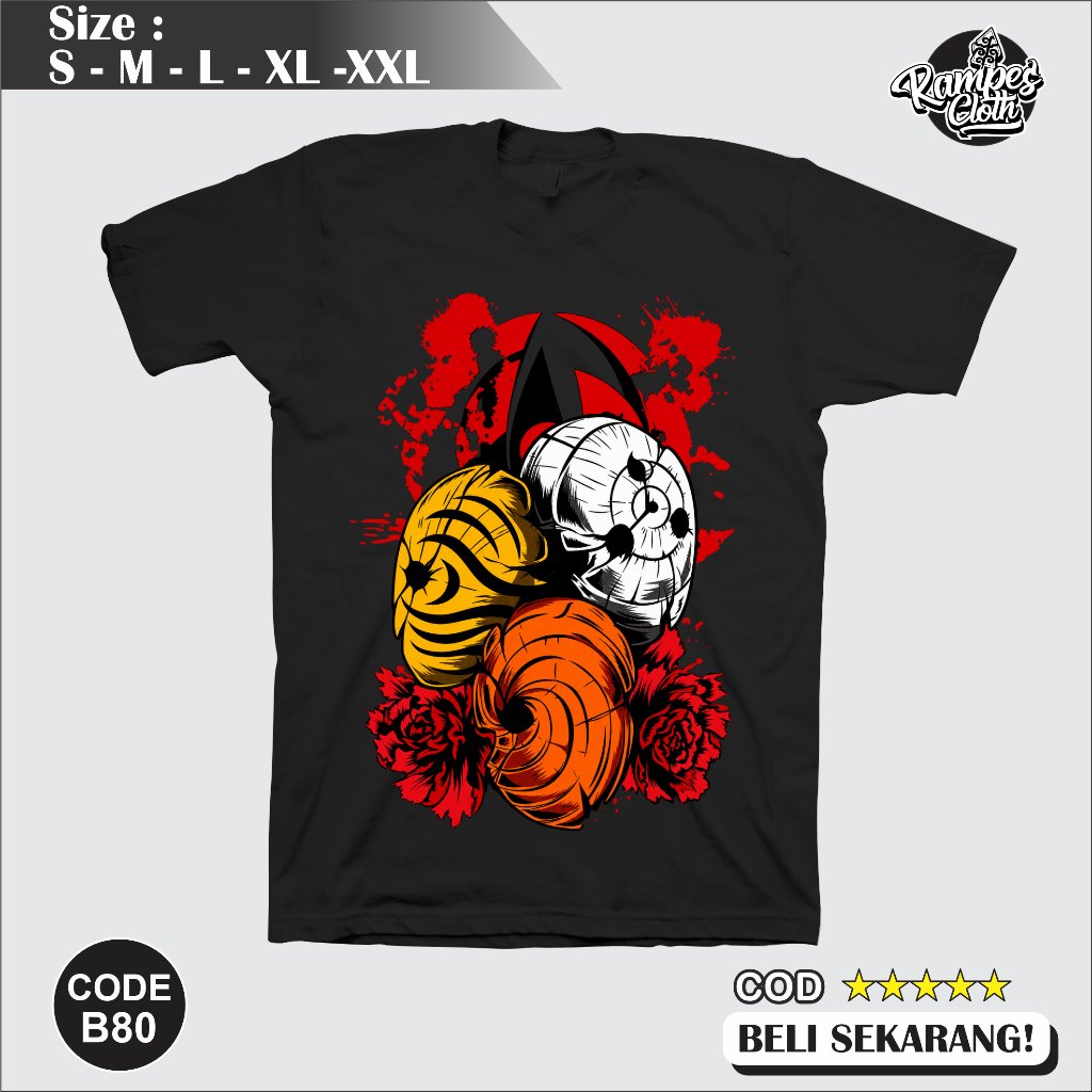 เสื้อยืด Uchiha Obito Mask Distro - เสื้อยืดนารูโตะ - พรีเมี่ยม 30s Combed Cotton Obito T-Shirt B80