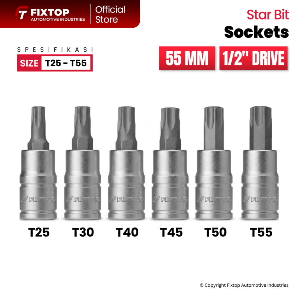 MATA FIXTOP CR-V เหล็ก T25 T30 T40 T45 T50 T55 Torx Star Bit ซ็อกเก็ต 1/2 นิ้ว x 55 มม.