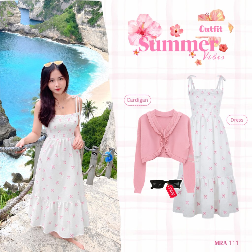 Miryaoutfit - 2in1 ชุดชายหาดผู้หญิงอินเทรนด์ (เดรสริบบิ้นผ้าผูกคอ + คาร์ดิแกนถัก) ชุดวันหยุดชายหาดสุ