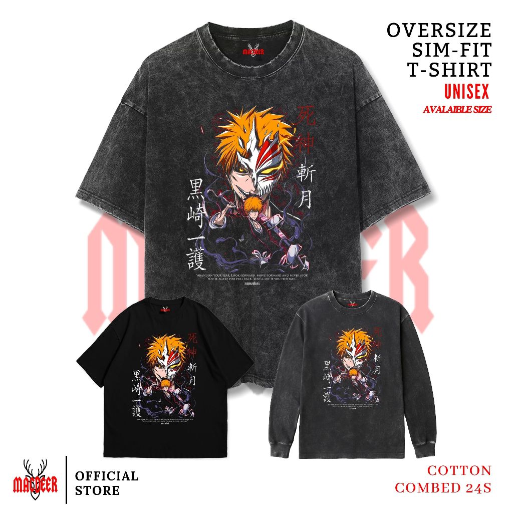 MACDEER BLEACH อะนิเมะเสื้อยืด Oversize slimfit ล้างเสื้อยืดแขนยาวสีดํา BLEACH-5 เสื้อยืด