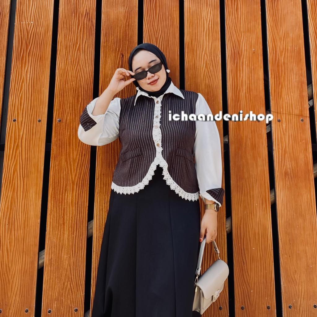 KEMEJA ICH - Ivy เสื้อเชิ้ตลายทางผู้หญิงสไตล์ผสมลูกไม้จัมโบ้