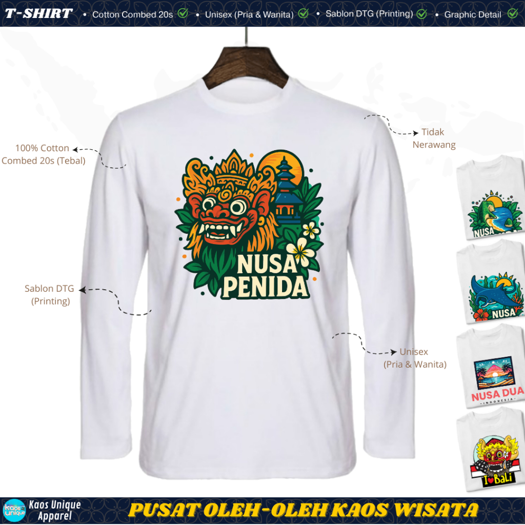 KATUN KAOSUNIQUE เสื้อยืดแขนยาว NUSA PENIDA Bali - ผ้าฝ้ายหวี Unisex 20s การพิมพ์หน้าจอเสื้อยืดท่องเ