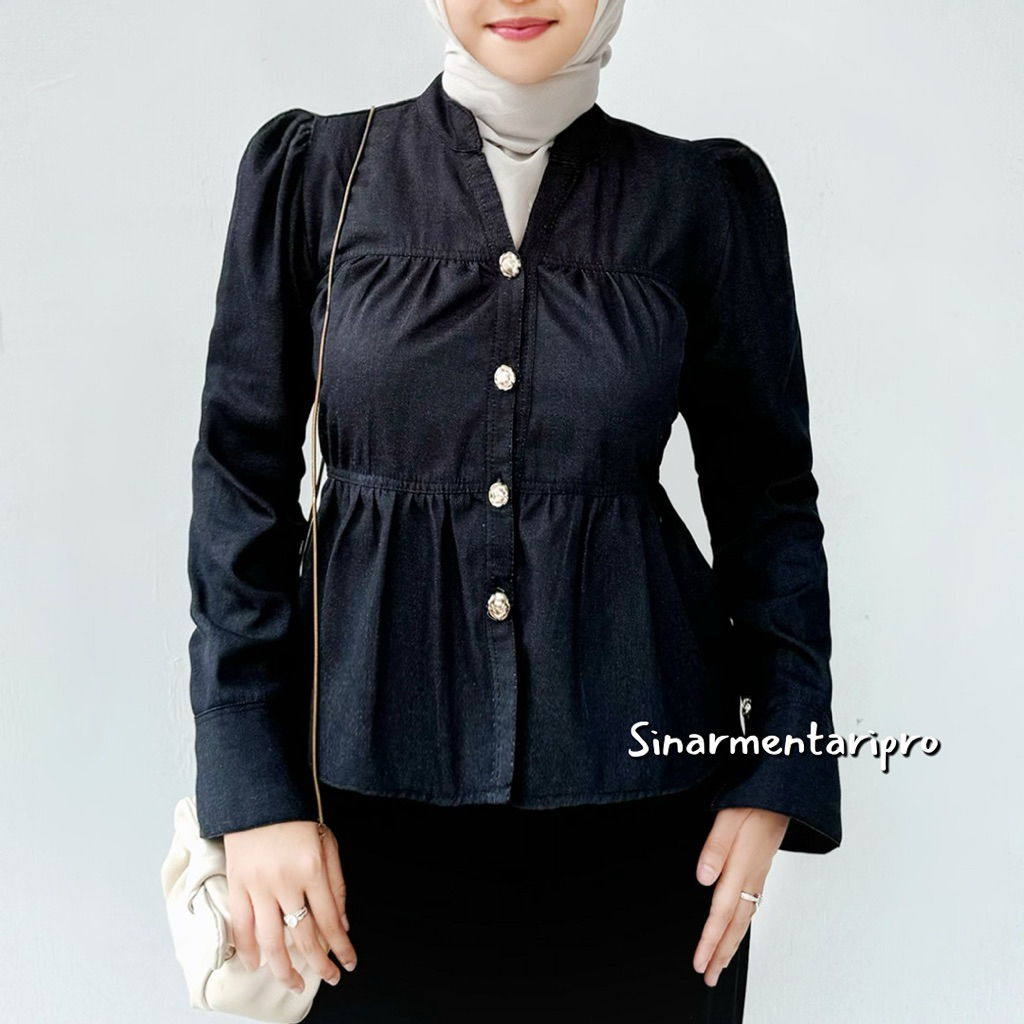 KEMEJA SMPRO - RUFFLE REMPEL JEANS เสื้อกางเกงยีนส์ปุ่มดอกไม้คอวี Shangyi ผู้หญิงกางเกงยีนส์หนาแขนยา