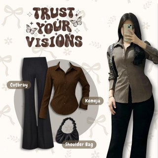 Setelan Wanita 3in1 Korean Style Casual | Kemeja Luna Stripe Salur Fitted Coklat + Celana Cutbray Scuba Hitam + Shoulder Bag Kerut Hitam | One Set Kekinian Simple Chic Fashion Cewek Daily Wear Stylish - UC108